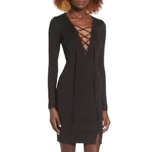 WAYF Black Bodycon Lace up V Neck Knit Dress L